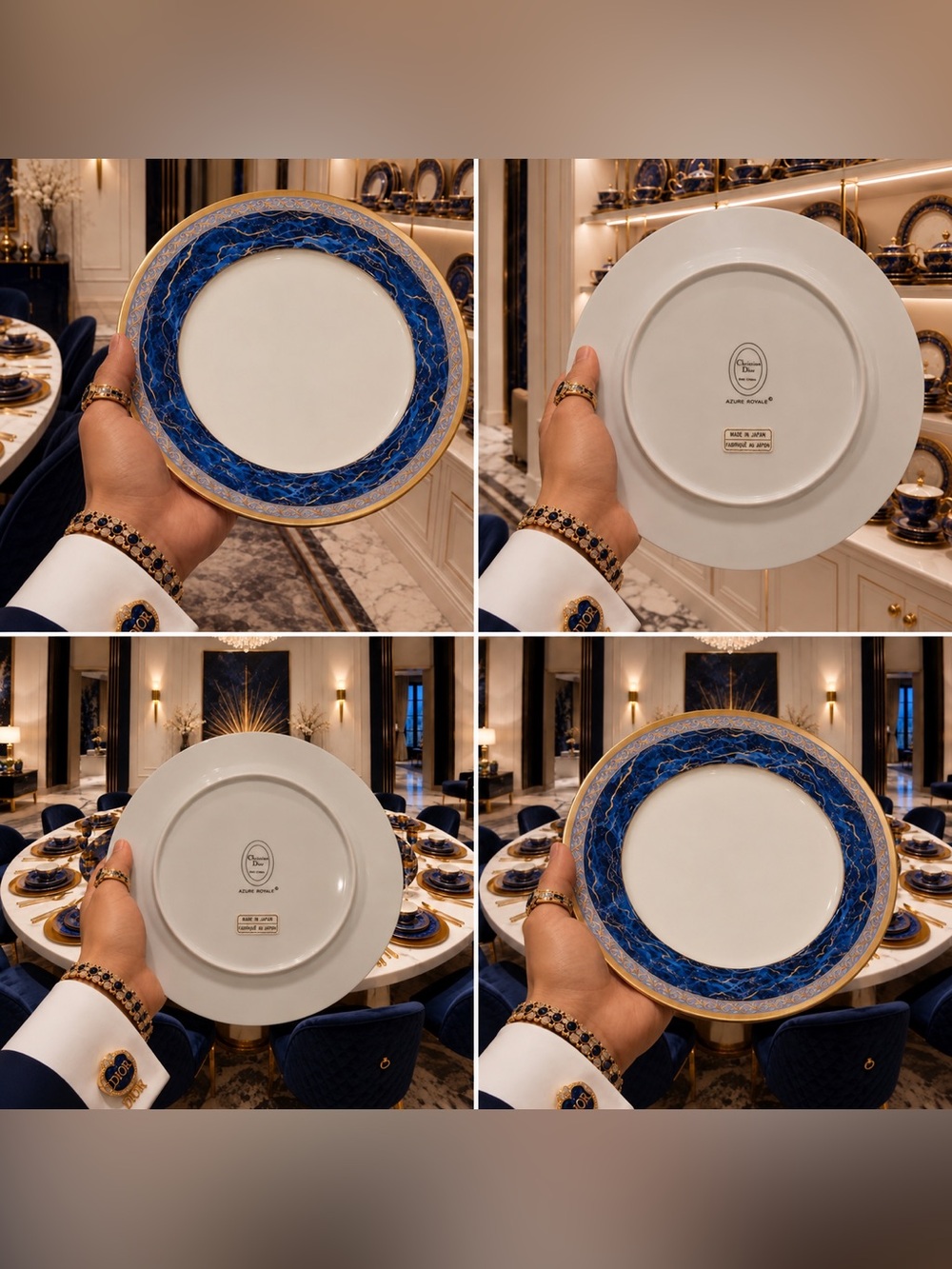 4 PCS Christian Dior Azure Royale Fine Original Art DINNER PLATES 1990’s Vintage